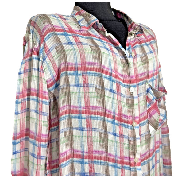 We The Free Women's Button Down Shirt Pink Blue Plaid Top Medium Long Sleeves - Picture 3 of 12